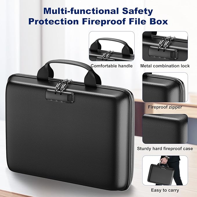 Fireproof Document Box, Hard Case Fireproof File Organizer Box with Lock and 13 Pocket Accordion File Folder, Portable Safe Box for Home Office Travel to Storage Important Documents Laptop Green - Image 6