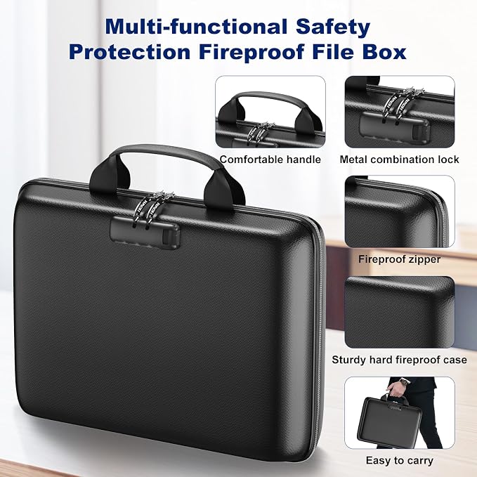Fireproof Document Box, Hard Case Fireproof File Organizer with Lock and 13 Pocket Accordion File Folder, Portable Safe Box for Home Office Travel to Storage Important Documents Laptop Black - Image 6