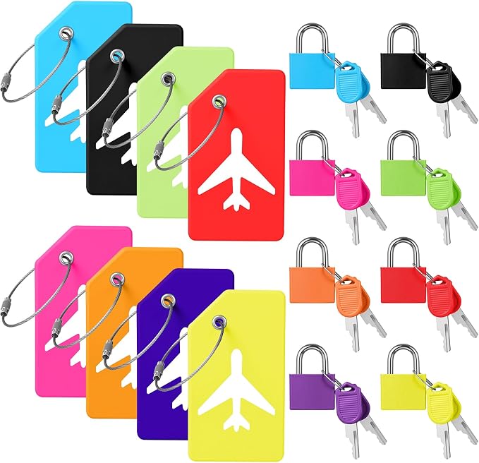 Sadnyy 8 Set Silicone Luggage Tags and Suitcase Locks with Keys Set Multicolor Small Luggage Padlock and Name ID Card Tags for Travel Family, Suitcase, Backpack, Laptop Bag, Locker, Travel Bag by Sadnyy