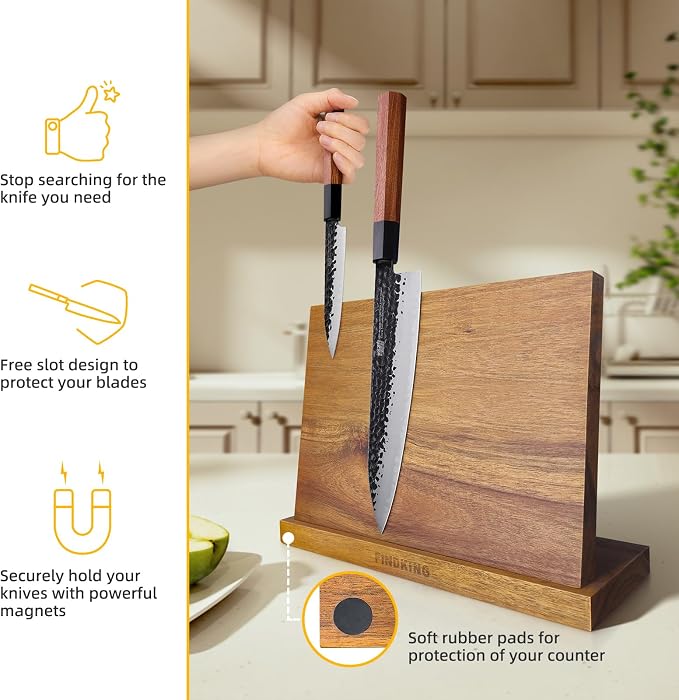 Magnetic Knife Block, Teak Wood Utensils Holder, Strong Magnet Stand for Kitchen Counter (10.8 x 8 Inches, Without Knives) - Image 2
