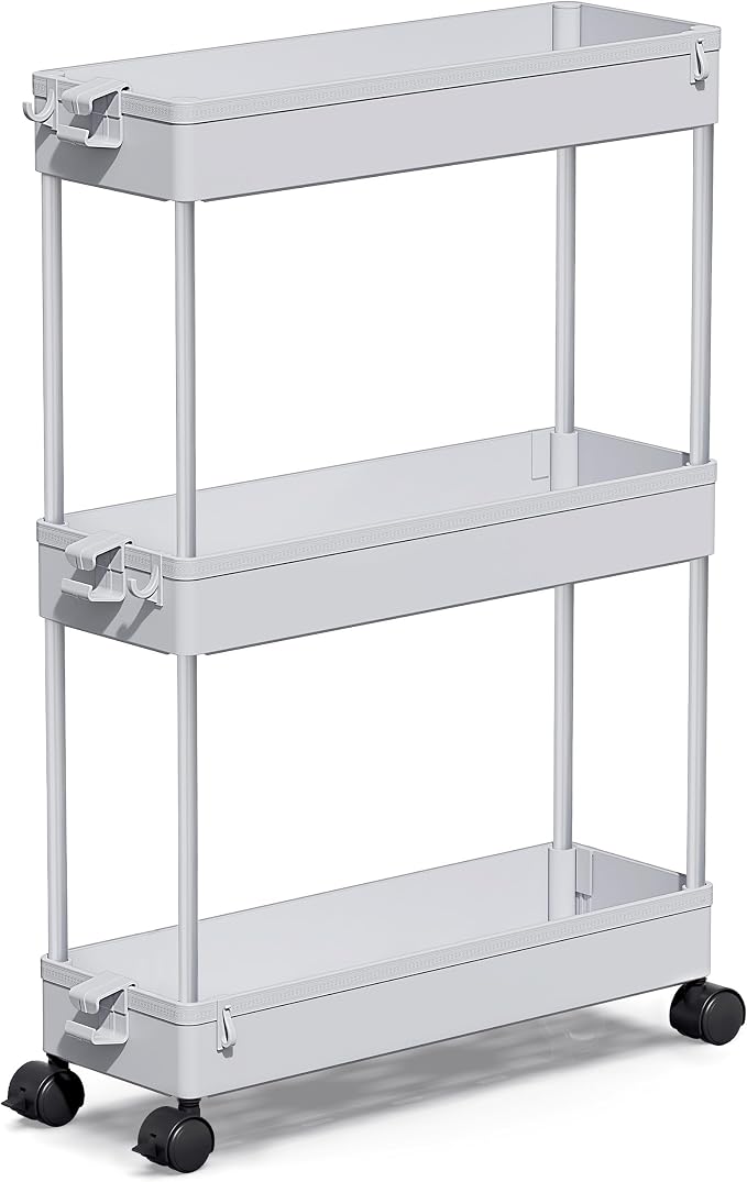 SPACEKEEPER Slim Rolling Storage Cart, 3 Tier Bathroom Cart Organizer, Gray | Narrow Rolling Cart with Wheels for Kitchen Office Bathroom Laundry Room,Mobile Utility Cart for Craft Art Makeup Nail Polish by SPACEKEEPER