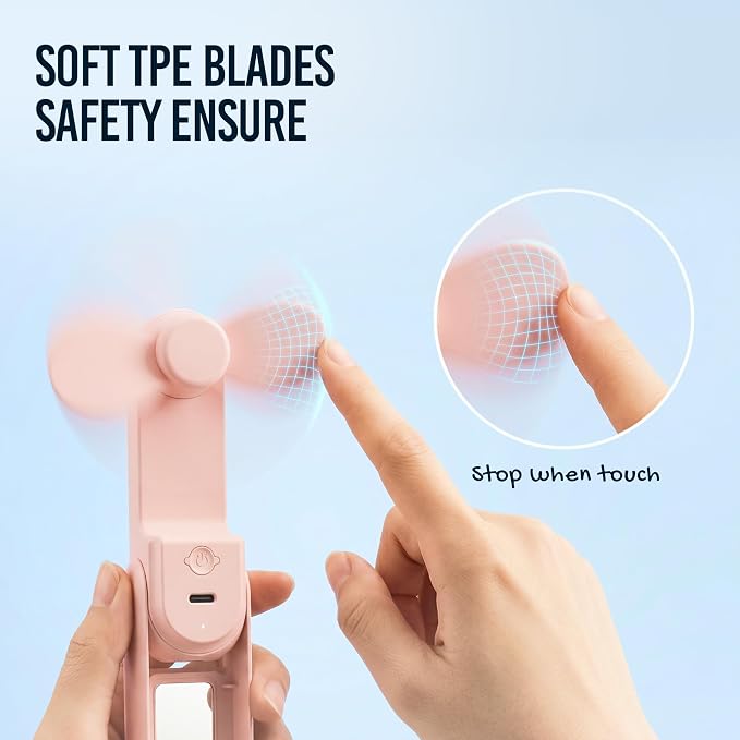 3-in-1 Portable Handheld Fan with Mirror & Flashlight - Mini Personal Fan, 22H Cooling, USB Rechargeable Travel Fan for Women, Makeup, Concerts & Summer (Pink) - Image 4