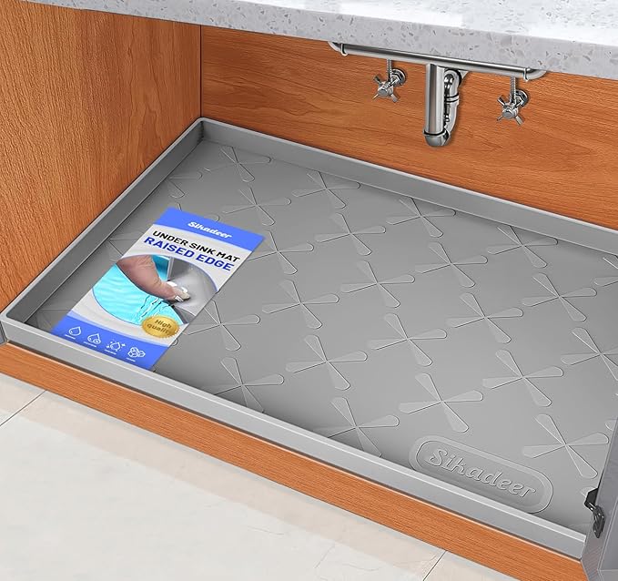Waterproof Under Sink Mat 25" x 22" Silicone Mat Cabinet Protector | Heavy Duty Kitchen Cabinet Liner, Easy Press Drain, Home Essentials for Pet Feeding, Boots, Bathroom, Organizers & Storage by SIKADEER