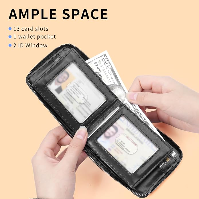 Men’s RFID Blocking Zipper Large Dimensions Wallet with 2 ID Windows - Large Capacity Design, 13 Credit Card Slots - Image 3