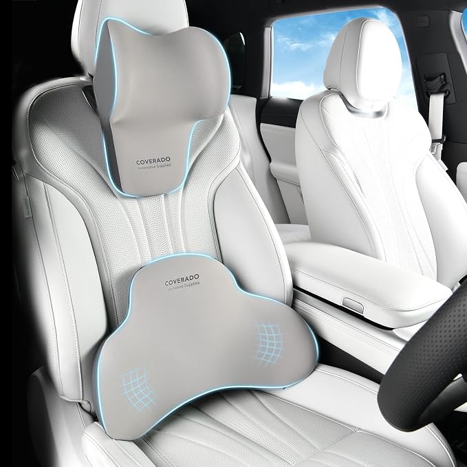 Coverado Lumbar Support and Headrest Pillow for Car, Memory Foam Ergonomic Head Neck Support Pillow for Driving Seat, Back Support and Pain Relief, Seat Cushion for Car, Driver, Office by COVERADOAUTO