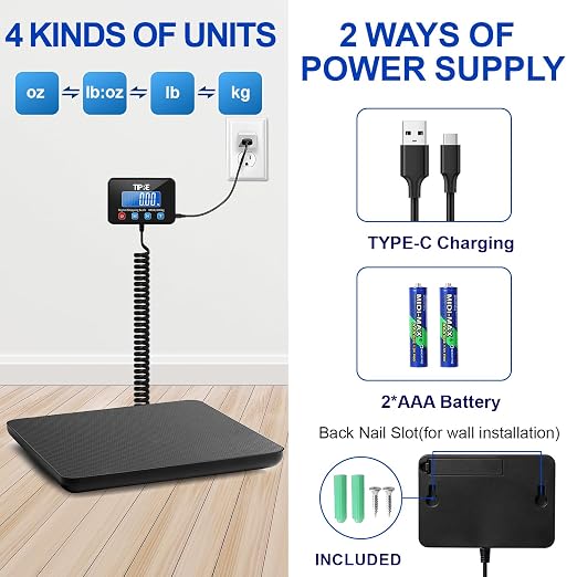 TIPRE Shipping Scale 440lbs for Packages,Lightweight Carbon Fibre Heavy Duty Digital Postal Scale,0.5 oz High Accuracy Commercial Scale with Charging Cable & Batteries for Small Business,Warehouse - Image 4