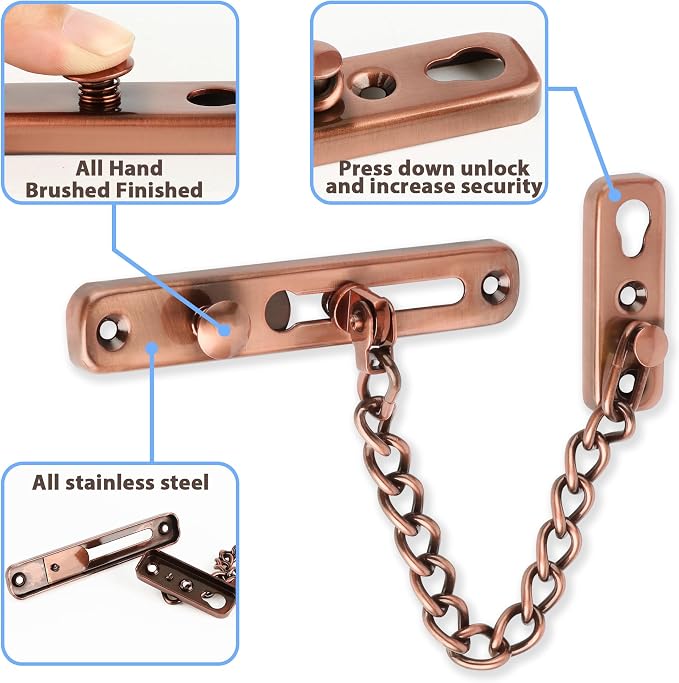 Alise Door Chain Lock,Door Security Chain Lock for Inside Door,Red Bronze | Stainless Steel,Door Chain Lock Guard with Spring Anti-Theft Press Button,Door Lock Latch for Front Door - Image 4