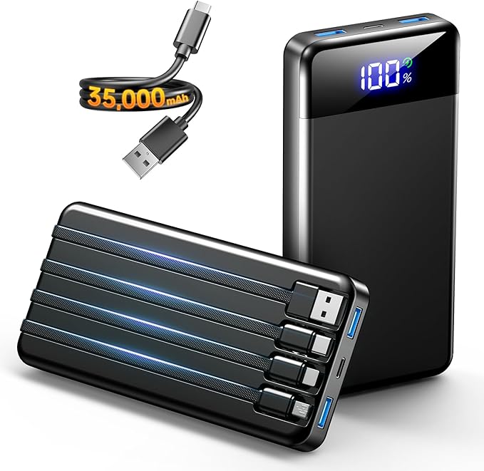 SABANI Portable Charger 35000mAh Power Bank, 4 Built in Cable Big Capacity | Ultra Slim, 22.5W Fast Charge, Travel Camping Essential, USB C External Battery Pack for iPhone Samsung Android, Black by SABANI