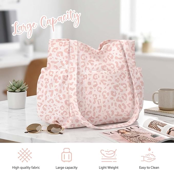 Corduroy Tote Bag for Women,Large Capacity Cute Tote Bags With 6 Pockets,Crossbody Shoulder Handbag for Work Travel Gym - Image 8