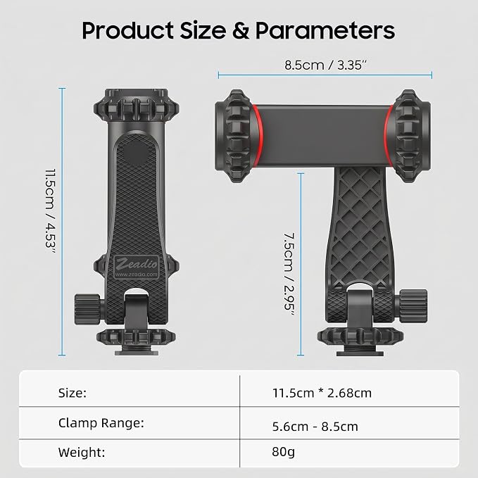 Zeadio Universal Phone Tripod Mount, Cell Phone Holder Clamp with Dual Rotatable Cold Shoe, 360° Rotation & 180° Tilt for Camera Hot Shoe, Vlogging, Video Recording - Image 7