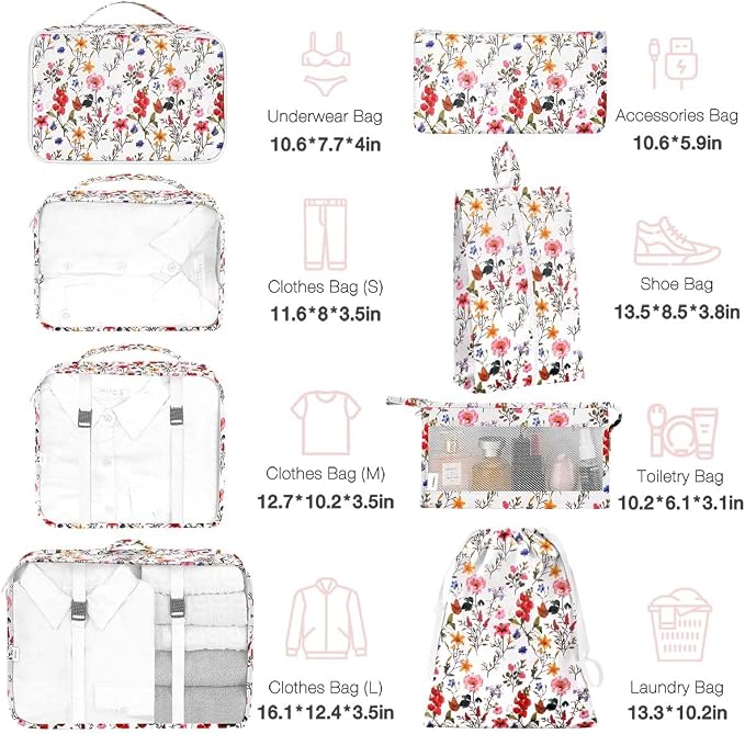 8 Set Packing Cubes for Suitcases, Packing Cube with Shoe, Cosmetics, Clothing, and Accessories Bags for Travel Luggage Organizer Women Men(Retro Flowers) - Image 2