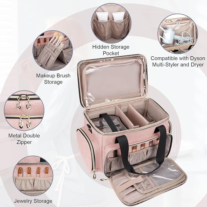 GDNasist Large Makeup Bag, Portable Travel Makeup Bag Organizer | Cosmetic Travel Bag for Women Girls with 2 Removable Pouches & Detachable Dividers, Toiletry Bag for Makeup and Hair Supplies - Image 5