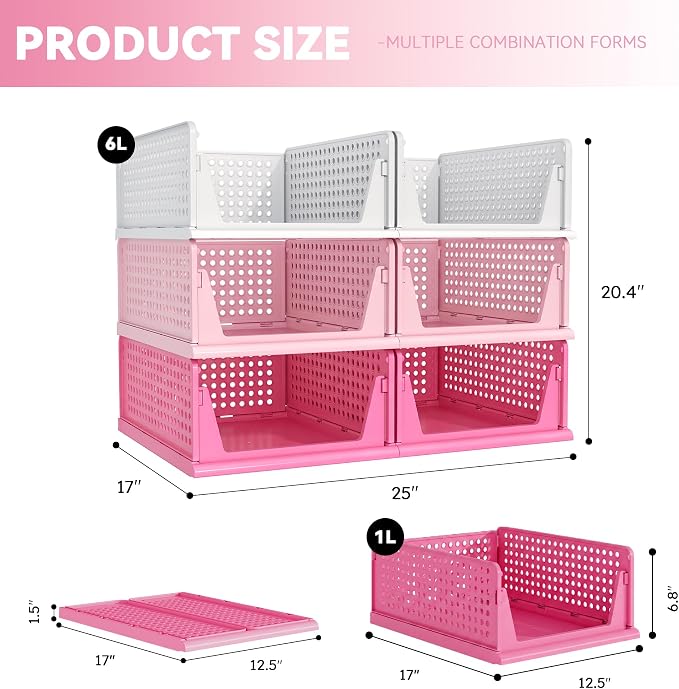 Pink Girl Closet Organizers and Storage Stackable Plastic Drawer Basket for Clothing Stackable Storage Bins Shelf Storage Container for RV Closet Wardrobe Bedroom Bathroom Playroom 6 Pack - Image 3