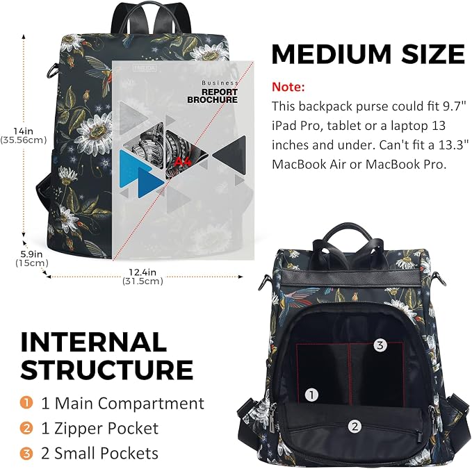 Convertible Backpack Purse for Women Nylon Anti-Theft Backpack | Hidden Back Zipper Opening, Light Compact Travel Size, Waterproof Nylon, Daypack for College Work, Hummingbird Back pack - Image 2