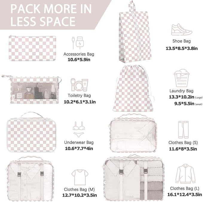 KPX 8 Set Packing Cubes for Travel, Luggage Packing Organizers Accessories Large Toiletries Bag for Clothes Shoes Cosmetics (8Set-Nude Pink Plaid) - Image 2