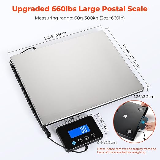 MUNBYN 660lb/1.8oz Shipping Scale, Digital Postal Scale for Packages | Hold & Tare Function, Backlit LCD, Battery & USB Cable Included, For Small Business, Luggage, Home Office - Image 2