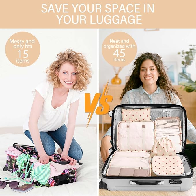 KPX 8 Set Packing Cubes for Travel, Luggage Packing Organizers Accessories Large Toiletries Bag for Clothes Shoes Cosmetics (8Set-Beige Strawberry) - Image 5