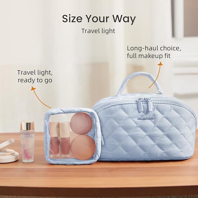 LOVEVOOK Travel Makeup Bag for Women, 2Pcs Puffer Waterproof Cosmetic Organizer, Large Capacity Pouch Open Flat Small Toiletry Bag with Brush Compartment & Handle (Blue, Large) - Image 6