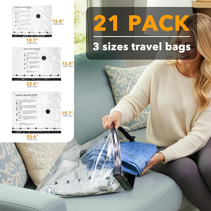 SpaceAid Travel Vacuum Bags for Luggage with Electric Pump, 21 Pack Vacuum Seal Bags for Clothing Travel, Space Saver Compression Bag for Backpack and Suitcase - Image 4
