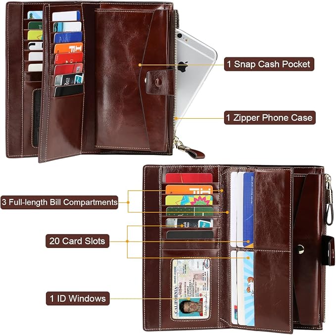 Itslife Womens Wallet RFID Blocking Large Capacity Luxury Wax Genuine Leather Wallets Clutch Wallet Ladies Card holder, Coffee - Image 3
