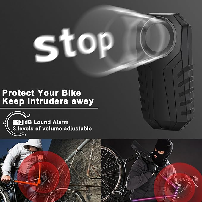 113dB Bike Alarm Anti Theft with Square Remote | Motion Sensor Bicycle Alarm, IP65 Waterproof Bike Accessories, Sensitivity Adjustable & SOS, for Scooter/Motorcycle/Tricycle - Image 2