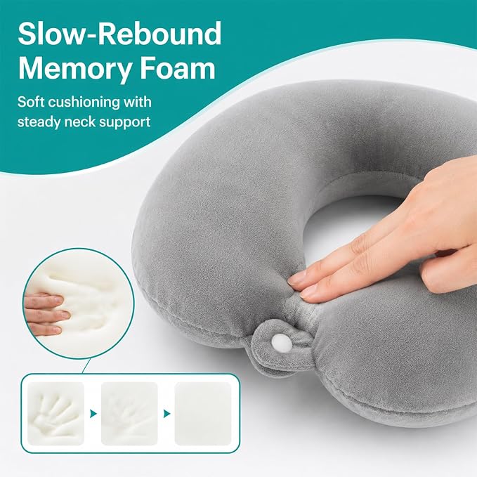 RAINFLOW Airplane Neck Pillow - Memory Foam Travel Pillow for Sleeping Grey | U-Shaped Adult Neck Support Pillow with Washable Cover for Long Flights, Plane Travel, Portable Rest & Head Support Cushion - Image 4