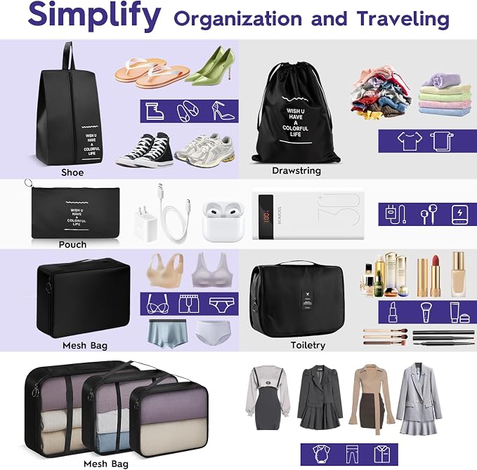 Fosmon 8-Piece Packing Cubes, Black Travel Luggage Organizer Set | Mesh storage bags for clothes/shoes/toiletries, durable, lightweight, ideal for carry-on and vacation, 8-piece set. - Image 4