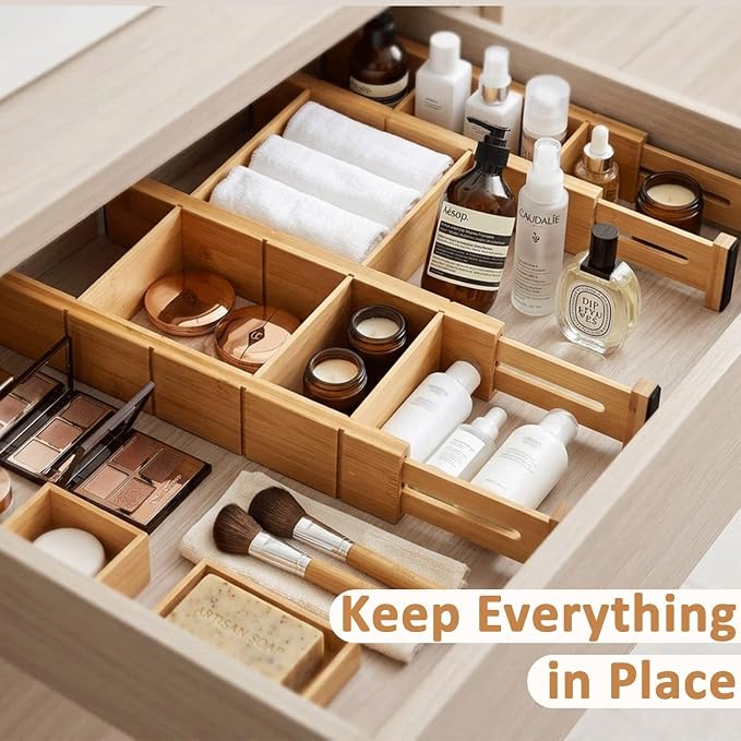 6 Pack Bamboo Drawer Dividers with 12 Inserts, Adjustable 17–22 Inch Expandable Drawer Organizer for Kitchen, Dresser & Closet, Bamboo Kitchen Drawer Organizer, Drawer Divider Set - Image 8
