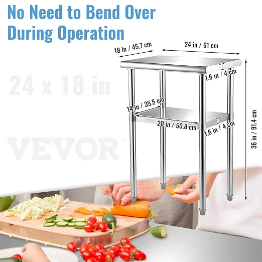 VEVOR Stainless Steel Prep Table, 24 x 18 x 36 Inch, 600lbs Load Capacity Heavy Duty Metal Worktable with Adjustable Undershelf & Feet, Commercial Workstation for Kitchen Restaurant Garage Backyard - Image 3