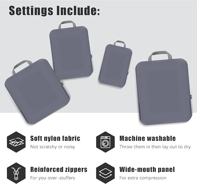 4 Set Compression Packing Cubes Travel - Travel Accessories Expandable Packing Organizers for Carry On - Essentials Luggage Bags - Dark Grey - Image 3