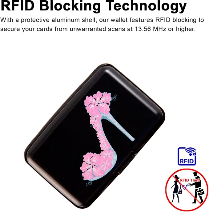 Credit Card Holder, Metal Card Wallet RFID Blocking Mini Slim Aluminum Business Hard Card Case for Women Men (Flower High Heels) - Image 3