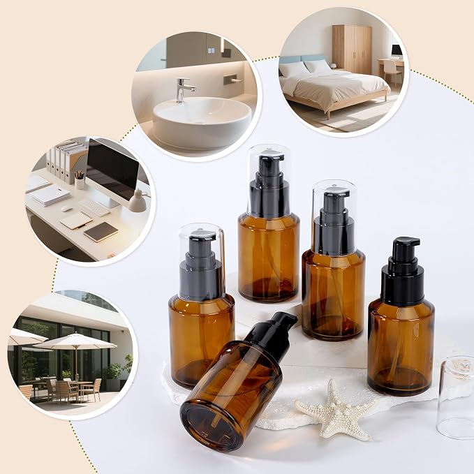 Segbeauty 2oz Refillable Glass Travel Size Empty Bottles, 5pcs Amber Lotion Pump Bottles Empty, 60ml Mini Travel Lotion Container, Small Cosmetic Container Bottle Pump Dispener for Creams Oils Liquids - Image 6