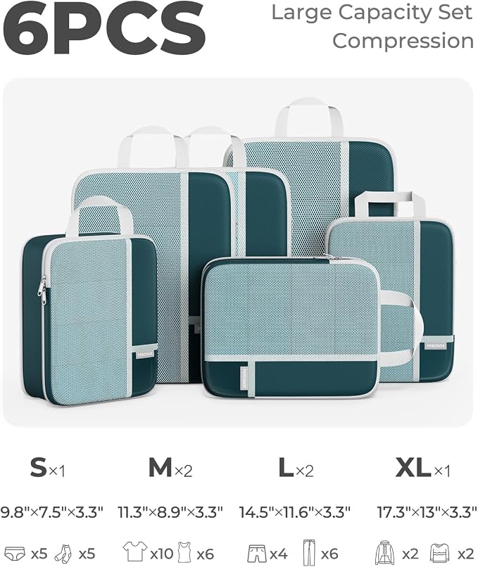 Percover Compression Packing Cubes for Travel, 6-Piece Structured Compression Organizer Set for Organized Packing & Carry-On Luggage, Peacock Green - Image 2