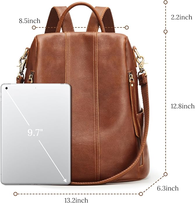S-ZONE Leather Backpack Purses for Women Antitheft Rucksack Shoulder Bag Medium | Genuine Leather, Medium Fits 9.7-inch Tablet, for Work Travel Daily Commute, Multi Pockets, Adjustable Dual Straps - Image 5