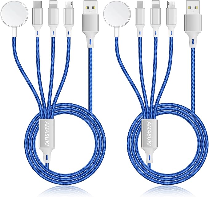 2Pack Multi Charging Cable for Apple Watch Charger 4 in 1 Travel Essentials RV Camping Essentials USB C/L/Micro Compatible with iWatch Series 11-1/iPhone 17/16/15/Android Airplane Gadgets-4FT/Blue by ChargeBeyondPowerWithin