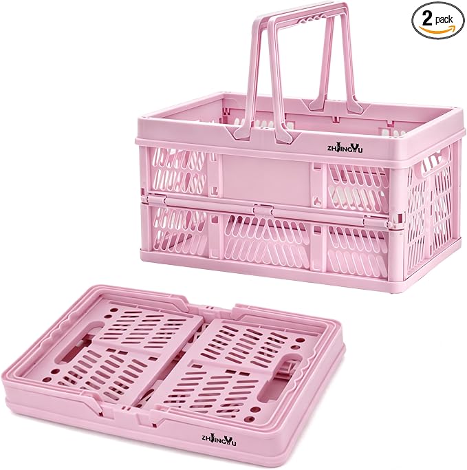 Pink Plastic Baskets with handles,2-pack Collapsible crates for storage,14.96"x9.84"x7.87" foldable shopping basket ,foldable crate with Handles for car Classroom Kitchen Bathroom Medicine Milk by ZHJINGYU
