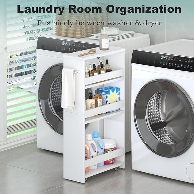 MARTY Slim Rolling Storage Cart, Wood Utility Kitchen Bathroom Laundry Cart | 4 Tier Kitchen Cart with Wheels Handle, Laundry Room Organization, Narrow Bathroom Storage Cabinet, 5.5" Wide Storage Trolley - Image 4