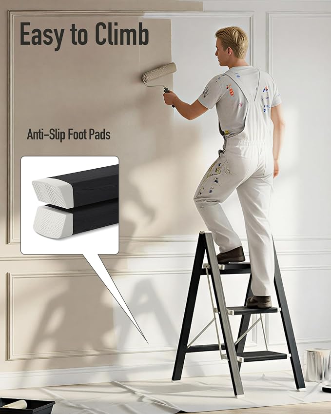 Mayi Plus 3 Step Stool Foldable, Aluminum, Lightweight Step Ladder | Extra-wide anti-slip folding steps with 330 lbs, for home,kitchen,office,outdoor,Ebony woodgrain - Image 7
