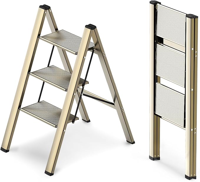 Aluminum 3 Step Ladder, Foldable Step Stool, 300lbs Load, Gold | Folded 35''H x 2''T; Net 7.99 lbs; Rigid Aluminum Steps; No Assembly; For Home, Kitchen, Office, Pantry, Closets, Cabinets by WOAWOAHOME