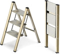 Aluminum 3 Step Ladder, Foldable Step Stool, 300lbs Load, Gold | Folded 35''H x 2''T; Net 7.99 lbs; Rigid Aluminum Steps; No Assembly; For Home, Kitchen, Office, Pantry, Closets, Cabinets by WOAWOAHOME