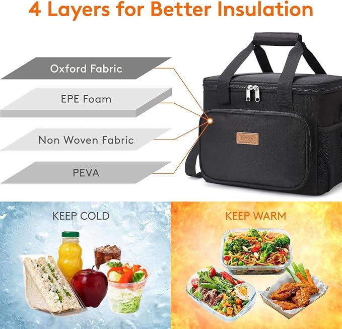 Lifewit Large Lunch Bag, Insulated Lunch Box, Soft Cooler Cooling Tote for Adult Men Women, Black 24-Can (15L) - Image 3