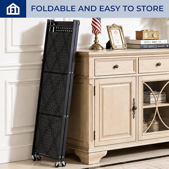 4 Tier Foldable Storage Shelf with Wheels, Collapsible Metal Rack Shelving Unit, No Assembly Required, Rolling Cart Shelf Rack Organizer for Books, Garage, Kitchen, Closet, Pantry, Exhibition, Black - Image 8