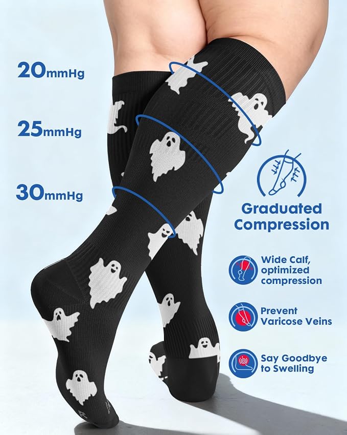 3-Pair Wide Calf Compression Socks for Women | 20-30mmHg Graduated Support, Easy On & Off, Knee High Length, Ankle Support, Travel Nurse Daily Wear, Cute Patterned - Image 5
