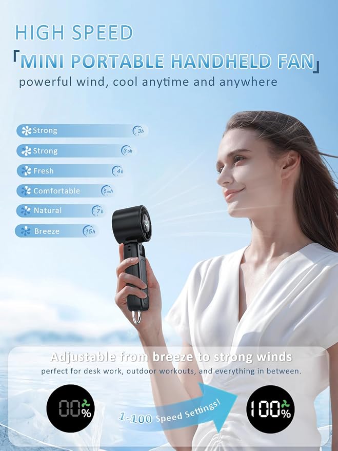 Handheld Fan, Portable Fan, 1-100 Speed Adjustable Turbo Fan, 5000mAh Rechargeable Mini Personal Fan with Foldable Design and LED Display for Travel, Office, Home and Outdoor Use Beige - Image 3