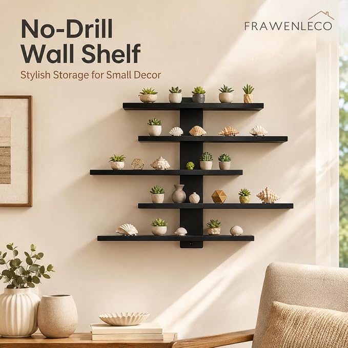 No Drill Wall Shelf, 5-Tier Black Floating Shelves with Adhesive, Damage-Free Wall Mounted Organizer for Bathroom, Kitchen, Living Room, Bedroom(Black) - Image 3