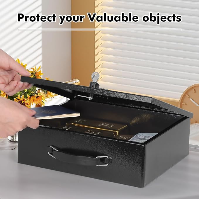 KYODOLED Fireproof Lock Box for Documents, Dual Combination and Key Lock Security with Carrying Handle, Metal Strong Safe Box to Keep Personal Items, Documents, Exterior 13.2''x 11''x4.13'', Black - Image 7