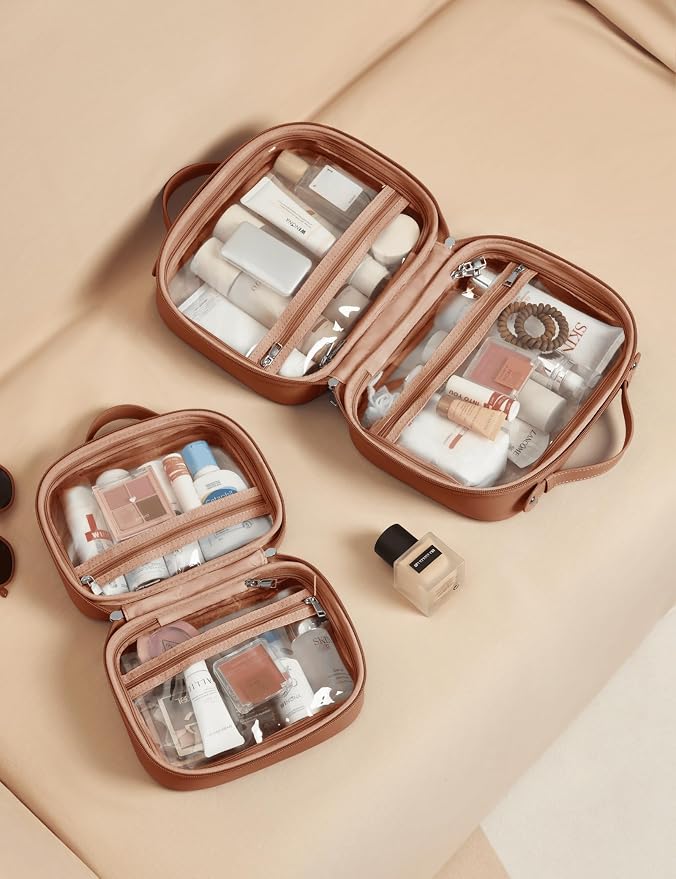 Clear Cosmetic Bag Double Layer Travel Toiletry Bag Clear Makeup Bag Case with 4 Compartments, Transparent Travel Bag for Toiletries, Large Toiletry Bag for Women Cosmetic Case (Brown, Small) - Image 9
