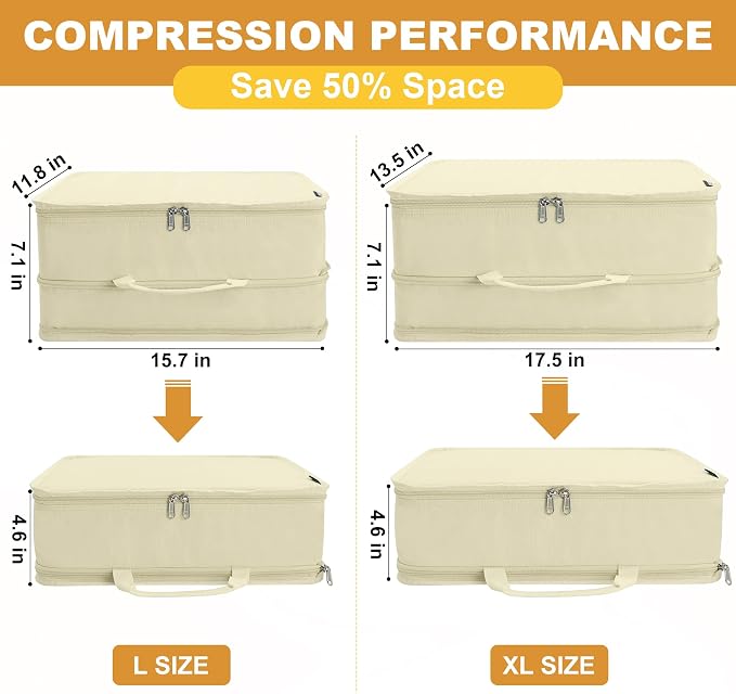 Compression Packing Cubes Travel Packing Suitcase Organizer Bags, Beige | Heavy Duty Expandable Travel Cubes for Packing Luggage Organizer Bags Compression Bags for Travel Essentials - Image 2