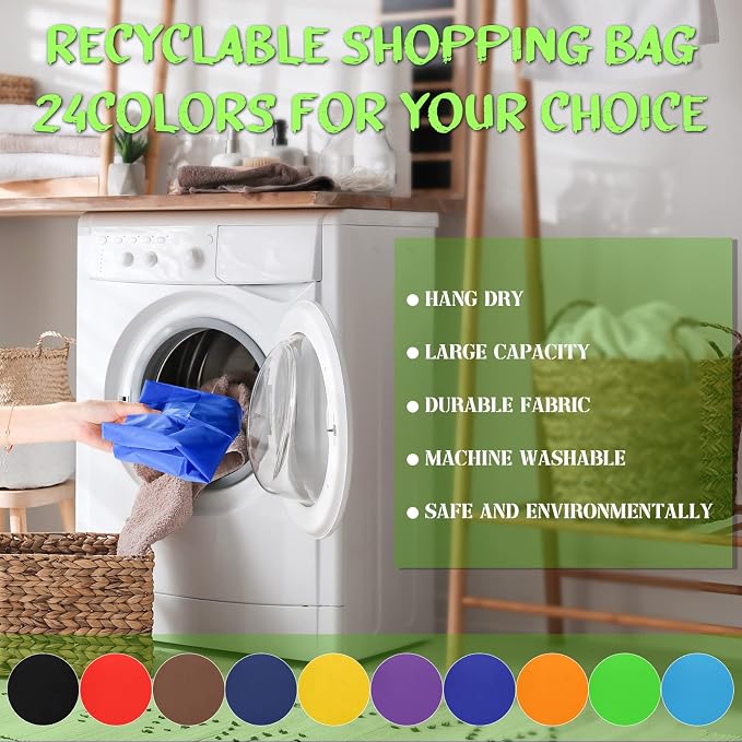 Eccliy 24 Pieces Reusable Grocery Bags Polyester Shopping Bags for Groceries Multi Colors Reusable Foldable Shopping Tote(Solid Style) - Image 3