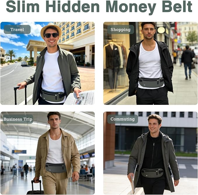 FuninCrea Waterproof Hidden Money Belt for Travel, Anti-Theft Belt Bag with RFID Blocking Function Adjustable Slim Waist Bag with 2 Zipper Pockets & 1 Back Pocket for Travel Running (B, Deep Grey) - Image 5